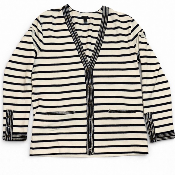 🖤🤍 J.Crew Navy & Ivory Striped Button-Front Cardigan Sweater | Medium - Picture 2 of 12